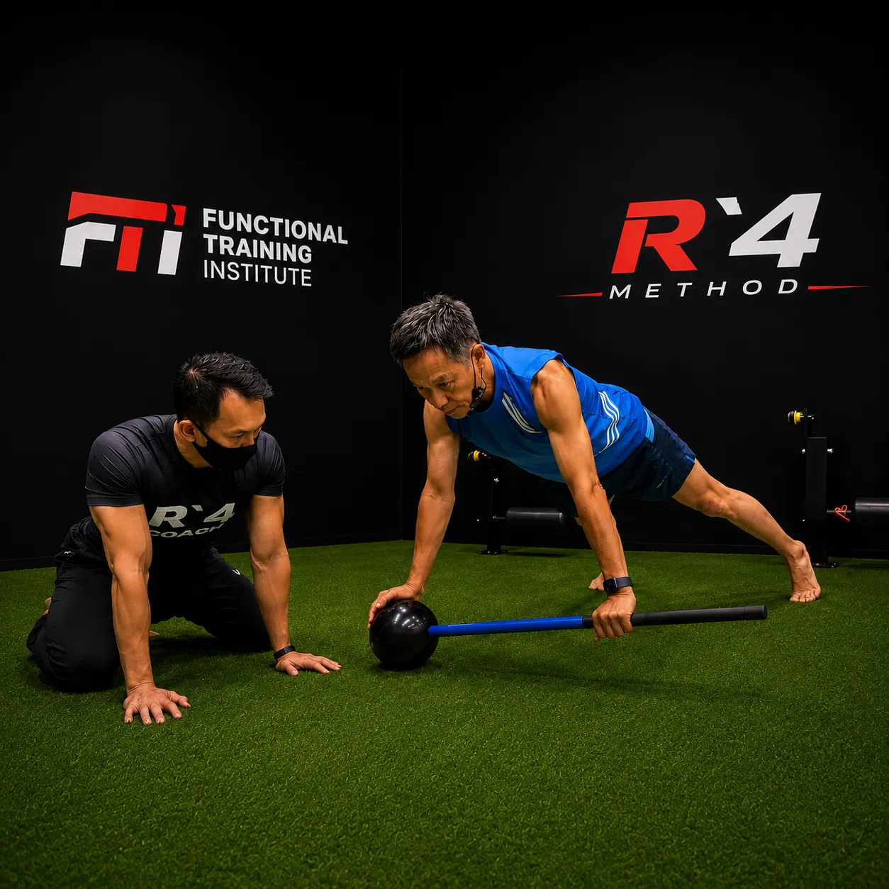 An R4 coach cueing an adult client through a controlled kettlebell movement