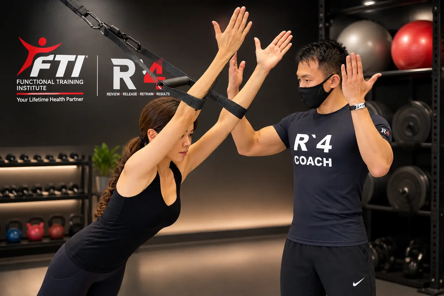 An R4 coach guiding a client through suspension training at the Kallang studio