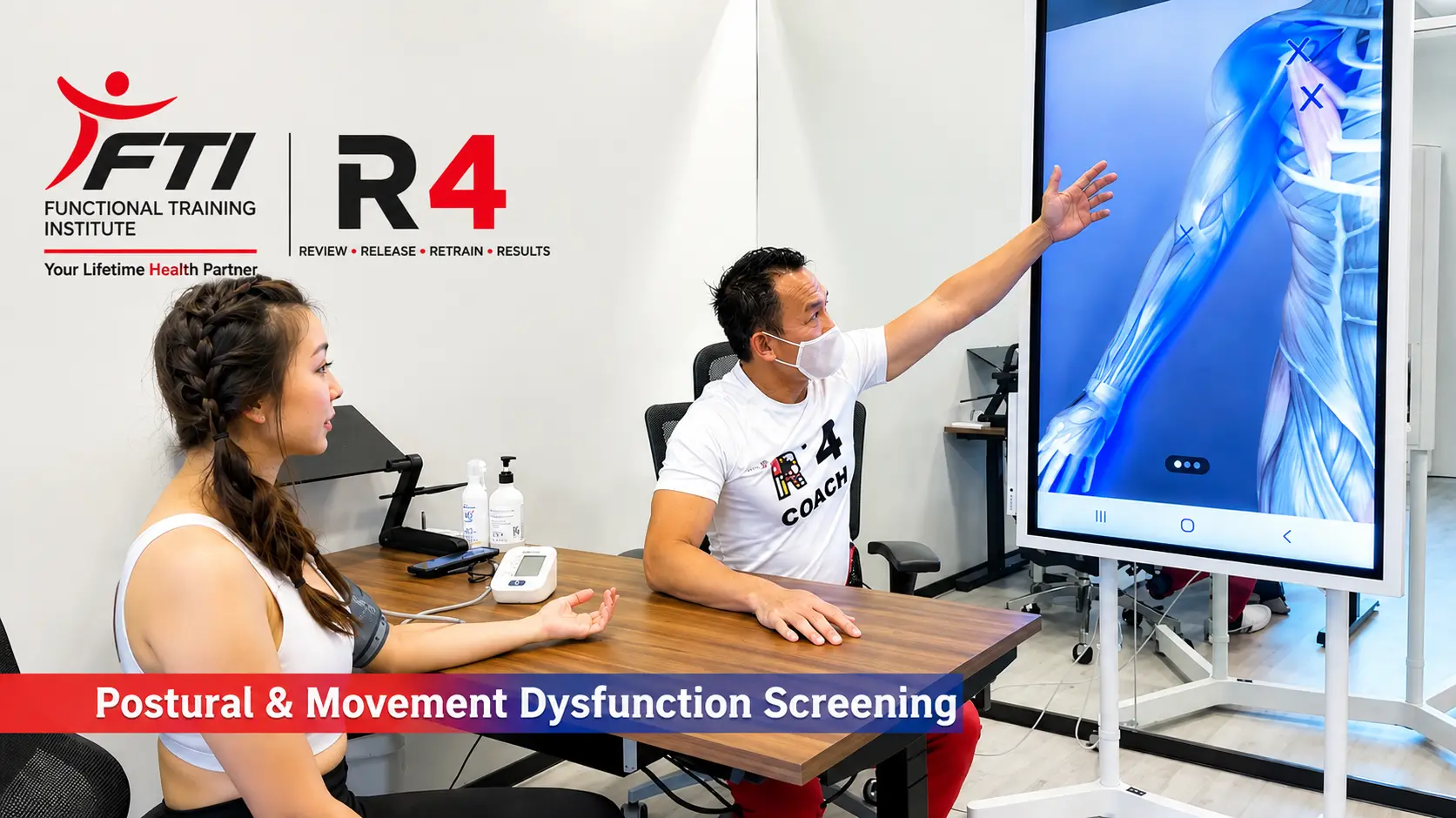 Nelson Chong reviewing shoulder movement with a client during an R4 screening